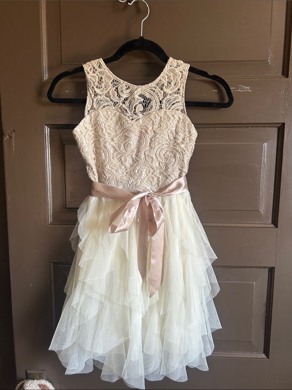Rare Editions Lace Bodice Tulle Party Dress in Cream and Blush; girls 10